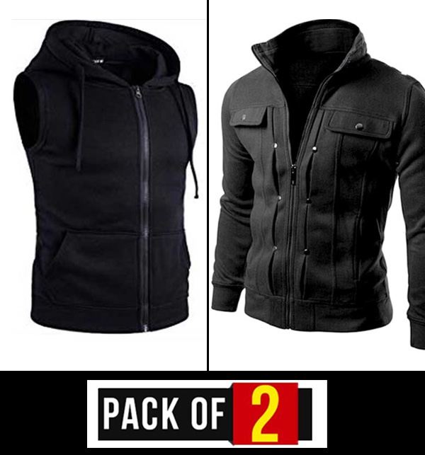 Pack of 2 Mens Jackets Stylish Jacket + Sleeveless Jaqueta (Black) 