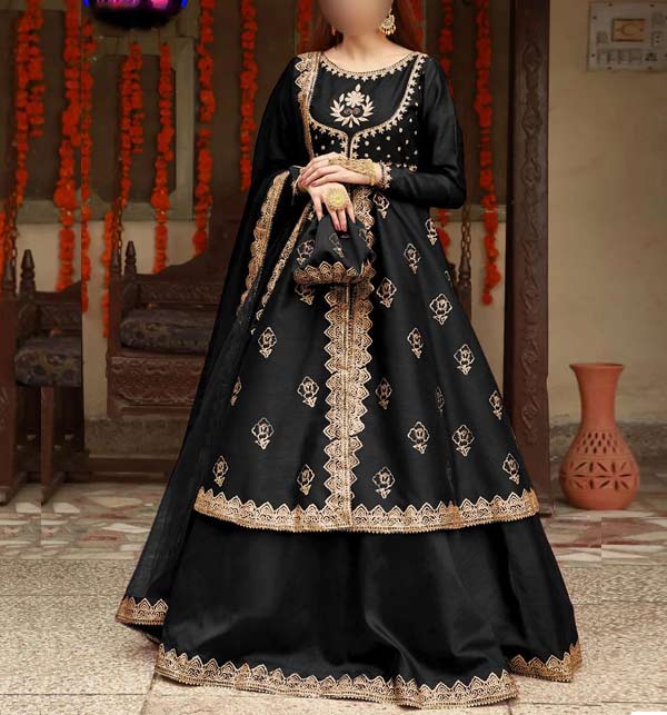 Readymade 3-Piece Embroidered Black Silk Maxi Dress with Embroidered Organza Dupatta (RM-77)